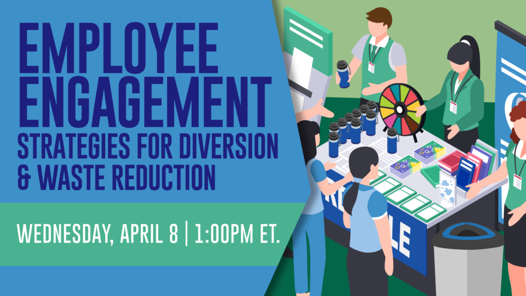 drawing pf people with a table display explaining strategies for recycling to other people