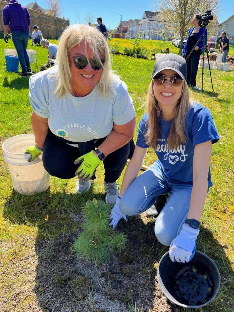 two women on a sunny day planting trees
