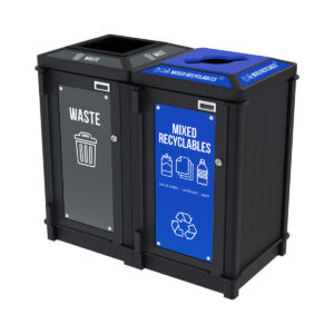waste and recycling container that looks like lumber with signs