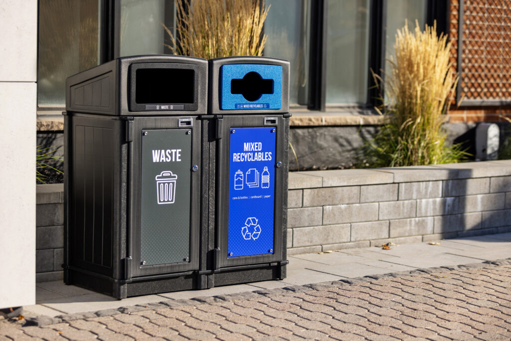 outdoor waste and recycling station with lumber look and signage